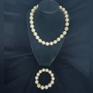 Museum catalog faux pearl necklace and bracelet set with gold and crystal clasp